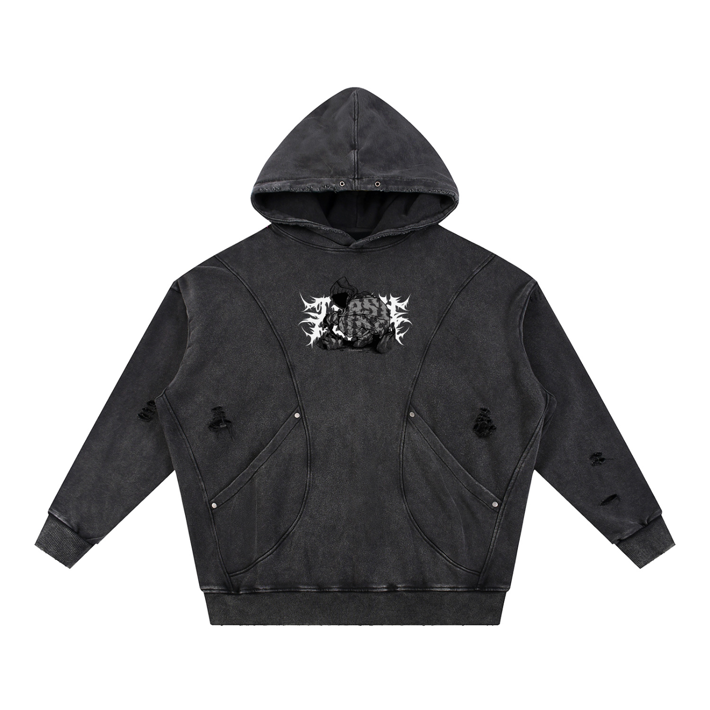 Snow Washed Distressed Panel Pocket Hoodie