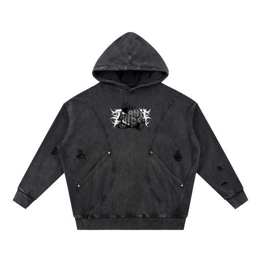 Snow Washed Distressed Panel Pocket Hoodie