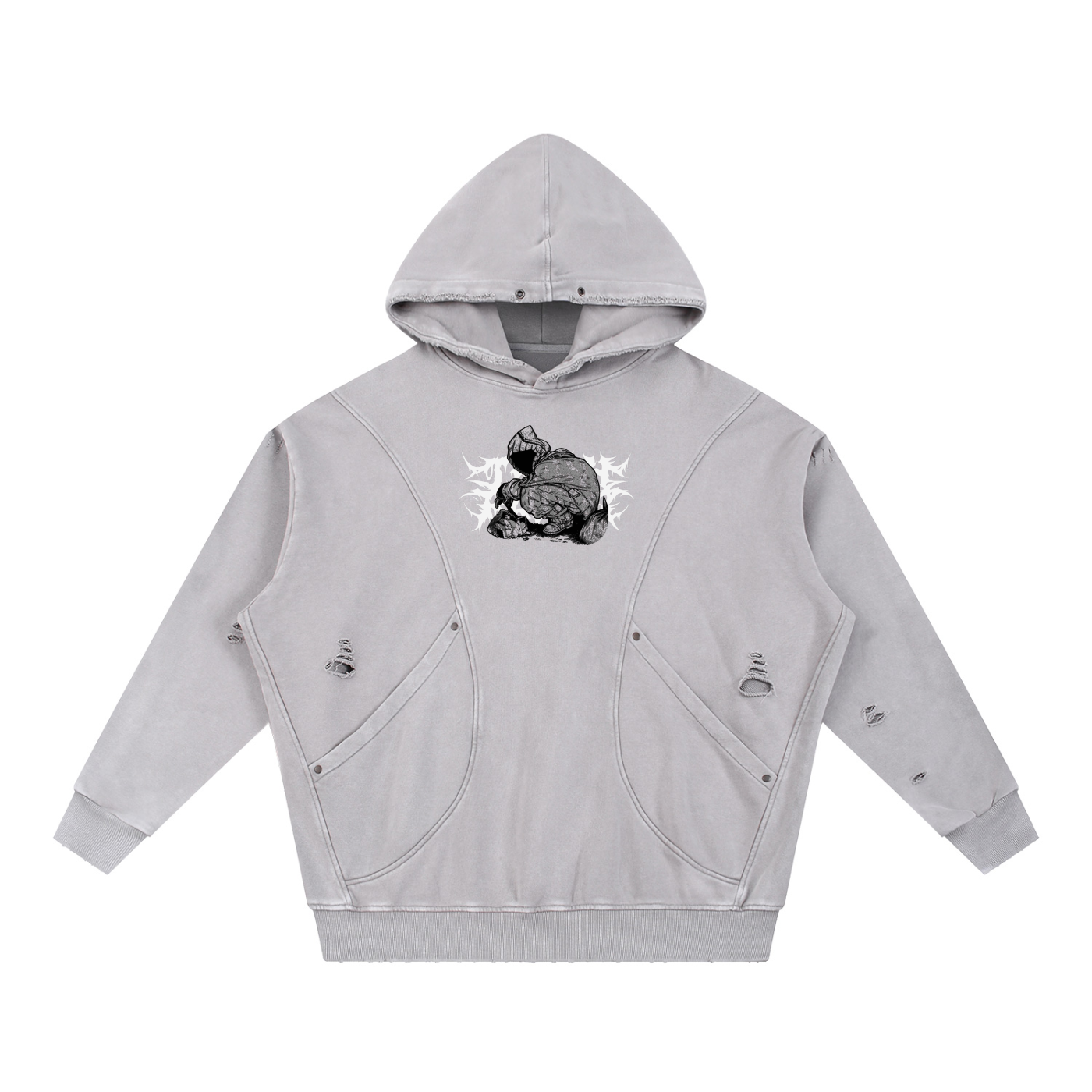 Snow Washed Distressed Panel Pocket Hoodie